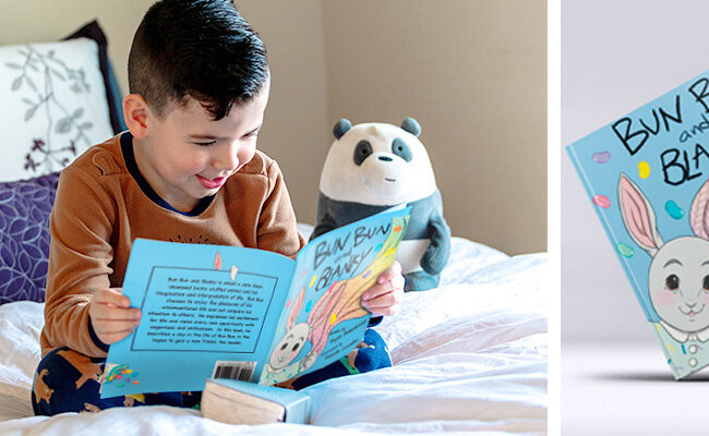 kid reading Bun Bun and Blanky children's book
